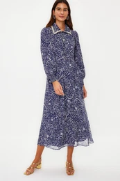 Blue Belt Lined Chiffon Floral Woven Dress