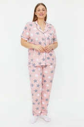 Curve Powder Star Pattern Shirt Collar Knitted Pajamas Set