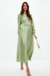 Light Green Cross Tie Detailed Satin Look Evening Dress