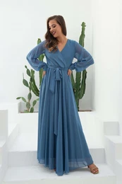 Indigo Chiffon Double Breasted Long Evening Dress