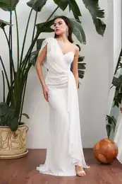 Chiffon Ecru One-Shoulder Long Wedding Dress with a Slit