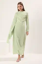 Light Green Shawl Detailed Lined Evening Dress