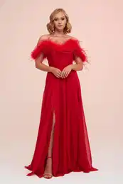 Red Chiffon Feathered Slit Long Evening Dress