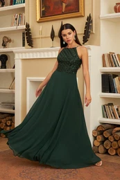 Emerald Sequined Long Evening Dress with Sequins