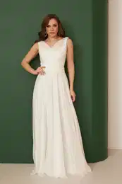 Ecru Chiffon Plunging Neck Long Wedding Dress