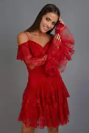 Red Lace Long Sleeve Short Evening Dress