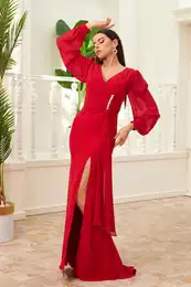 Red Chiffon Buckle Detailed Long Evening Dress