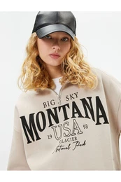 Raised Half Zip Sweatshirt Relaxed Fit College Themed Printed Cotton Blend