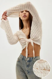 Ecru Premium Textured Fitted Stretchy Knitted Blouse with Tie Detail