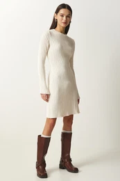 Happiness stanbul Women's Cream Ribbed A-Line Knitwear Dress
