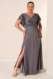 By Sayg Double Breasted Neck Front Draped Lined Plus Size Long Silvery Dress with Flounce Slit on the Sleeves