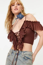Brown Crop Ruffle Knitted Blouse