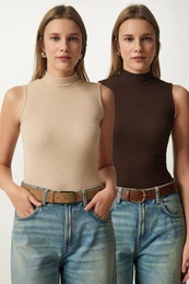 Happiness stanbul Women's Cream Dark Brown Turtleneck Sleeveless 2-Pack Knitted Blouse