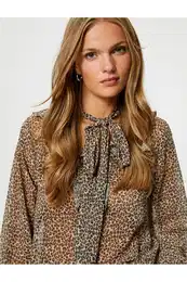 Leopard Patterned Blouse Foulard Collar Frilly Window Detailed
