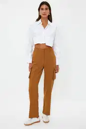 Brown Cargo Straight Cut Woven Double Pocket Woven Trousers