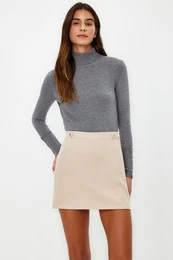 Beige Front Button Detailed A-line Straight Cut Mini Length Woven Skirt