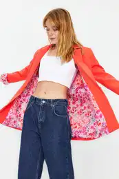 Pomegranate Blossom Regular Lining Detailed Woven Blazer Jacket