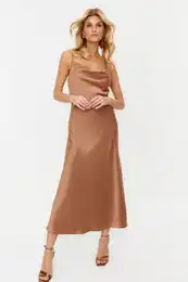Satin Dress with Brown Accessories