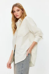 Dark Beige Single Pocket Boyfriend Woven Cotton Shirt