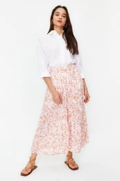 Ecru Floral Pattern Pleated Woven Skirt with Elastic Waist