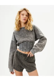 Raised Corset Detailed Faded Effect Crop Sweatshirt Long Sleeve Crew Neck Slim Fit