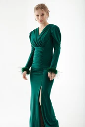 Women's Emerald Green Double Breasted Neck Sleeves Feather Slit Evening Dress