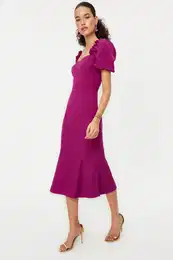 Purple Collar Detailed Woven Elegant Evening Dress