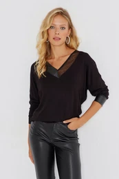 Women's Black Faux Leather Detailed Loose Blouse ST827