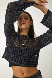 Happiness stanbul Women's Navy Blue Openwork Sparkly Crop Knitwear Sweater