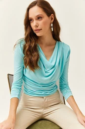 Women's Turquoise Waistband Pleated Turndown Collar Blouse