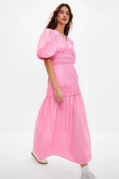 Pink Gather Detailed Long Woven Dress