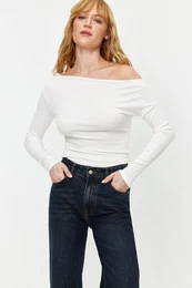 Ecru Premium Soft Fabric Fitted Boat Neck Knitted Blouse