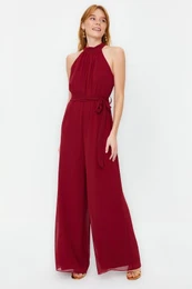 Burgundy Belted Maxi Chiffon Lined Woven Jumpsuit