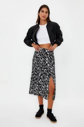 White Slit Detail Viscose Fabric A-line Patterned Midi Woven Skirt