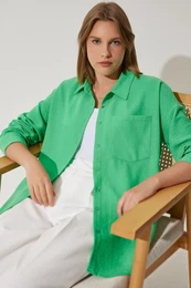 Happiness stanbul Women's Green Oversize Linen Ayrobin Shirt
