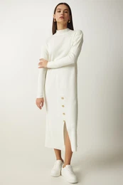 Happiness stanbul Women's Ecru Button Detailed Ribbed Knitwear Dress