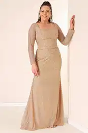 By Sayg Square Neck Lined Plus Size Long Dress with Cut Stones
