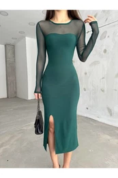 BKELFE Women's Green Slit Detailed Lycra Pencil Dress