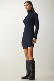 Happiness stanbul Women's Navy Blue Turtleneck Ribbed Knitted Dress