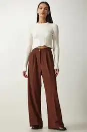 Happiness stanbul Women's Brown Pleated Palazzo Trousers