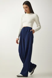Happiness stanbul Women's Navy Blue Pleated Palazzo Trousers