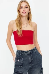 Red Fitted Strapless Collar Crop Stretchy Knitted Blouse