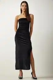 Happiness stanbul Women's Black Strapless Neck Slit Elegant Velvet Dress