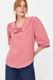 Red Collar Detailed Woven Checkered Woven Blouse