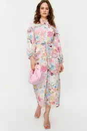 Lilac Floral Ruffle Detail Lined Woven Chiffon Dress