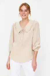 Mink Collar Detailed Woven Checkered Woven Blouse