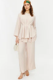 Stone Shirred Aerobin Tunic Trousers Woven Bottom Top Set