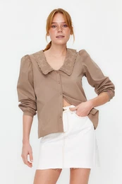 Beige Collar Embroidered Embroidery Detailed Regular Fit Cotton Woven Shirt