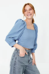 Blue Balloon Sleeve Square Neck Woven Blouse