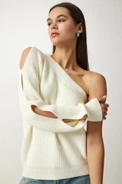 Happiness stanbul Women's Ecru Window Detailed Single Sleeve Knitwear Sweater